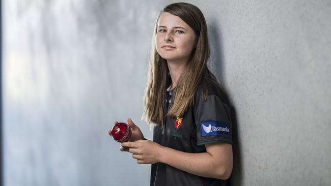 Amy Smith, 14, has become the youngest cricketer ever to play for Tasmania. Picture: EDDIE SAFARIK.