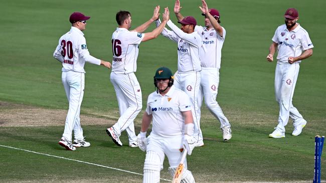 Mark Steketee of Queensland celebrates taking the wicket of Jarrod Freeman. Photo by Bradley Kanaris/Getty Images