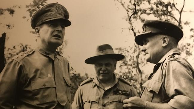 US General Douglas MacArthur (left) during the New Guinea campaign in 1942, with Australian Field Marshall Thomas Blamey (middle) and Major General Arthur Samuel Allen.