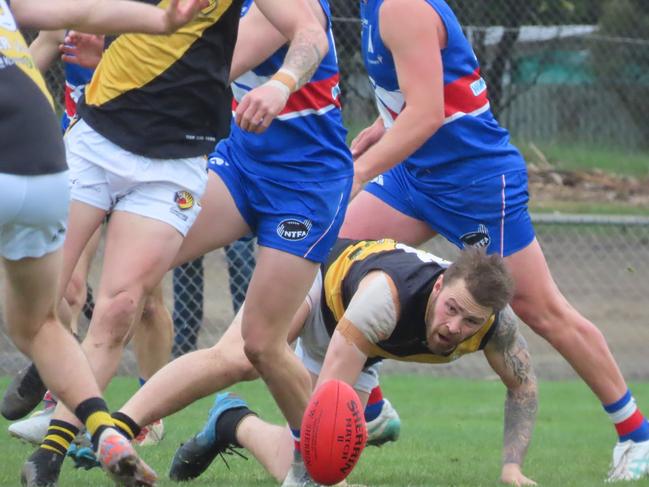 Longford skipper Kacey Curtis hunts the ball at the bottom of a pack during the qualifying final clash with South Launceston. Picture: Jon Tuxworth