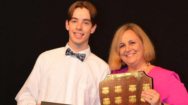 Roan Perkins-McAuley, 2022 dux of Nanango State High School, was presented the award by former student Cherie Jackson. Picture: Supplied.