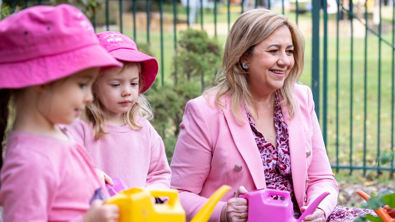 Premier Annastacia Palaszczuk with children at C&amp;K Harty Street Kindergarten ahead of the 2023-24 state budget, where they will announce kindergarten will be made free for all Queensland families from January 1. Picture: Sarah Marshall/Office of the Premier