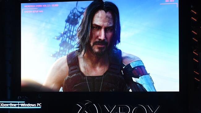 Keanu Reeves in Cyberpunk 2077. Reeves attended E3 for Xbox to reveals Cyberpunk’s realease date. Picture: AFP