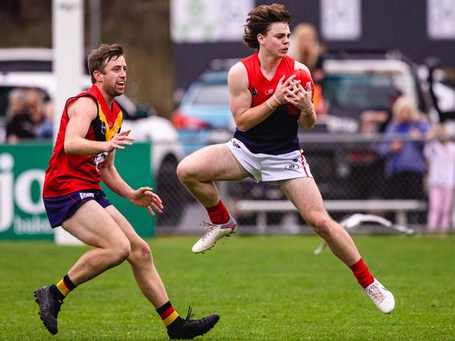 Southern Football League. Dodges Ferry Sharks vs Brighton Robins. Fletcher Salter of Brighton Robins takes a mark. Picture: Linda Higginson