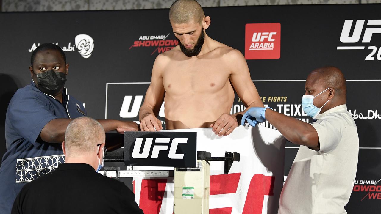 Khamzat Chimaev raised eyebrows with his weigh-in. (Photo by Chris Unger/Zuffa LLC)