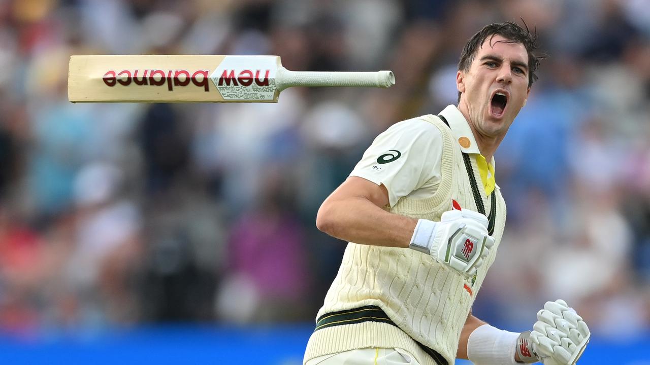 Cummins tosses his New Balance bat in their after scoring the winning runs in the first Ashes Test last year. (Photo by Stu Forster/Getty Images)