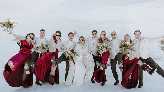 The bridal party celebrating the winter wonderland wedding of Greg Poole and Georgia Craig. Pictures: Jason Valler