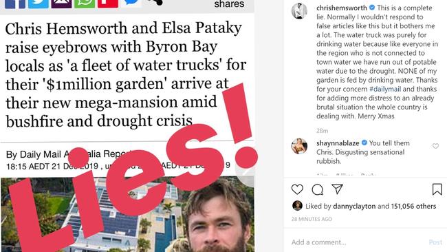 Hemsworth slammed the story as a “complete lie” in an Instagram post.