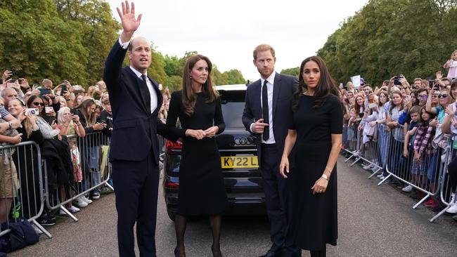 Prince and Princess of Wales William and Catherine join the Duke and Duchess of Sussex Harry and Meghan to meet the public on the long Walk at Windsor Castle on September 10. Picture: Getty