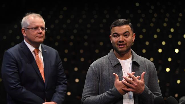 Guy Sebastian joined the Prime Minister in Sydney to announce the package. Picture: Joel Carrett