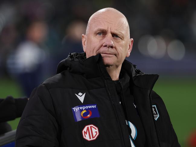 ADELAIDE, AUSTRALIA - MAY 17: Ken Hinkley, Senior Coach of the Power during the 2025 AFL Round 10 match between Yartapuulti (Port Adelaide Power) and the Geelong Cats at Adelaide Oval on May 17, 2025 in Adelaide, Australia. (Photo by James Elsby/AFL Photos via Getty Images)