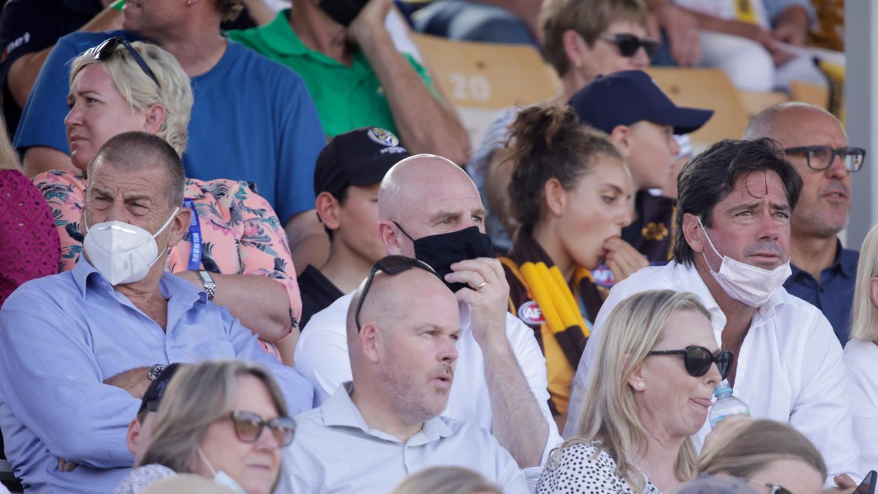 Jeff Kennett, Premier Peter Gutwein and Gillon McLachlan during the Hillcrest tribute game between Richmond and Hawthorn at Devonport. Picture: Grant Viney