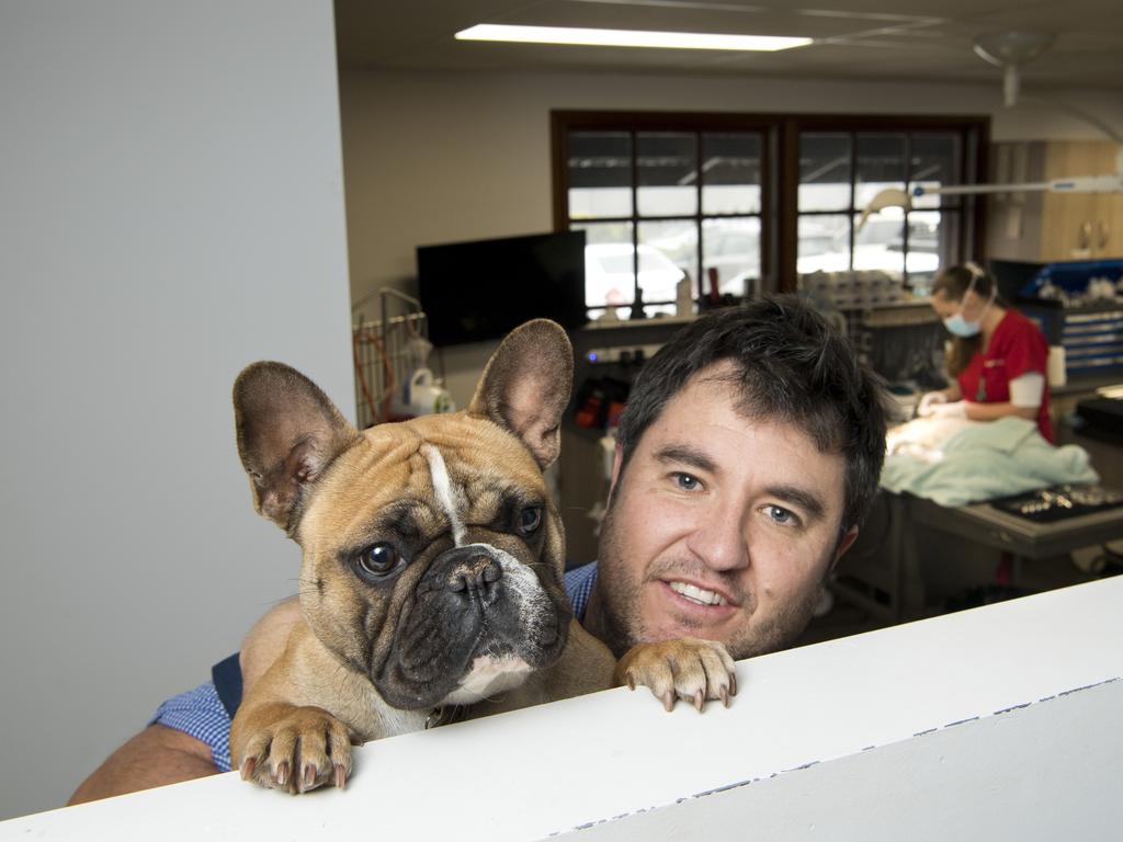 Dr Louis Gilshenan with Penny the dog at Toowoomba Family Vets. Thursday, 9th Jul, 2020.