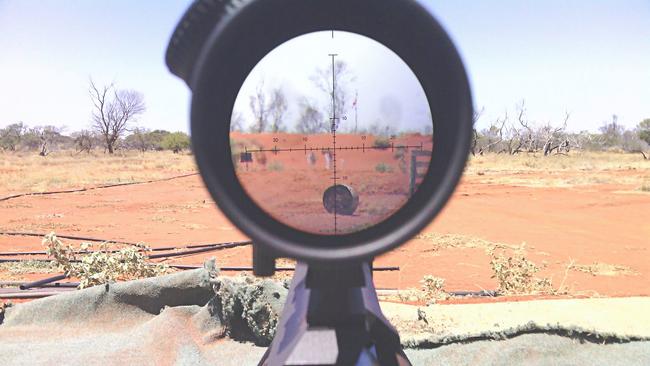 A view through the scope of a .50 calibre BMG gun at Ella Valla Station range in Western Australia. Picture: Facebook