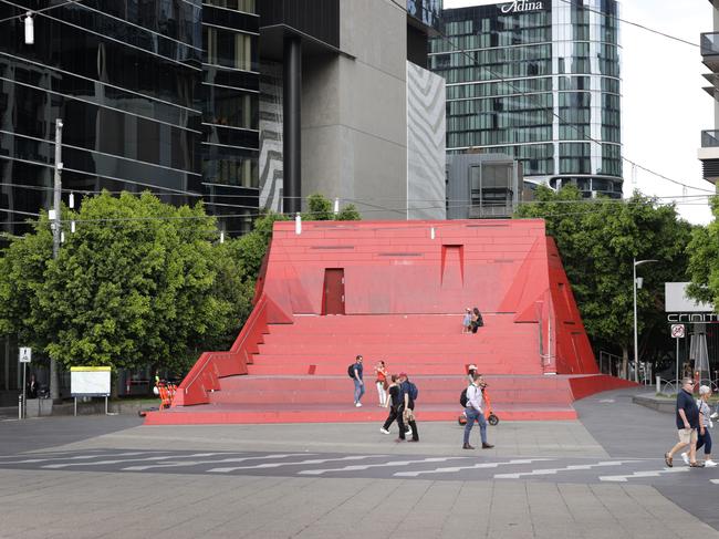 Arron Wood has pledged $9.2m to transform Queensbridge Square to a green space by demolishing its controversial red stairs. Picture: David Caird