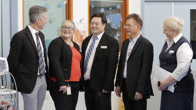 NSW chief paediatrician Dr Matthew O’Meara, Campbelltown Hospital general manager Alison Derrett, Campbelltown Hospital’s head of department paediatrics Dr Raymond Chin and South Western Sydney Local Health District clinical director paediatrics and neonatology Dr Paul Chay at the Campbelltown Hospital paediatric unit. Picture: Luke Fuda