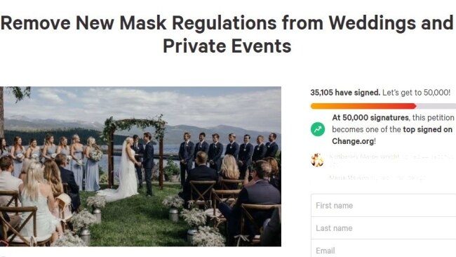 A petition demanding the mandate be scratched for weddings was swiftly launched on Thursday and received 30,000 signatures in just 20 hours. Picture: Change.org