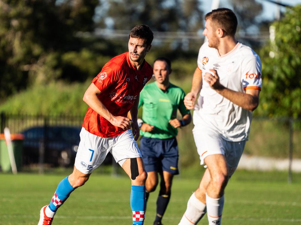 Action from the Gold Coast Knights and Brisbane Roar Youth NPL Queensland Round 5 match. Picture: Connor Bowness