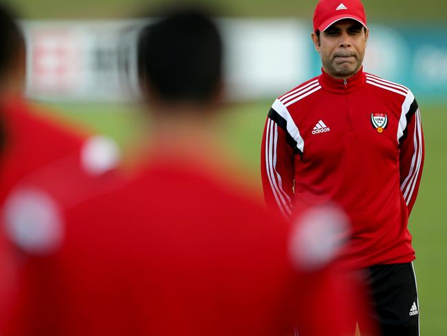 UAE coach Mahdi Ali watches on during UAE's training session at No. 2 Sports Ground,Newcastle .Picture Gregg Porteous