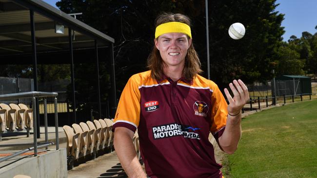 Headband-wearing Tea Tree Gully’s Tim Oakley is the leading wicket-taker in the A-grade two-day competition so far this season. Picture: AAP/ Keryn Stevens