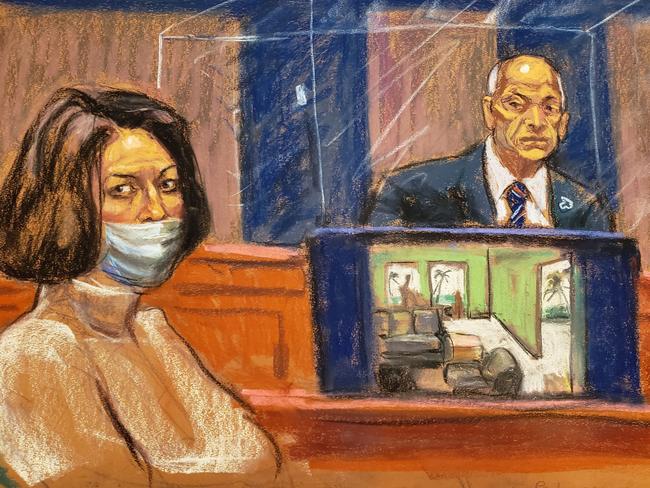 This courtroom sketch shows Ghislaine Maxwell in court for her trial on charges of sex trafficking, in New York City. Picture: AFP