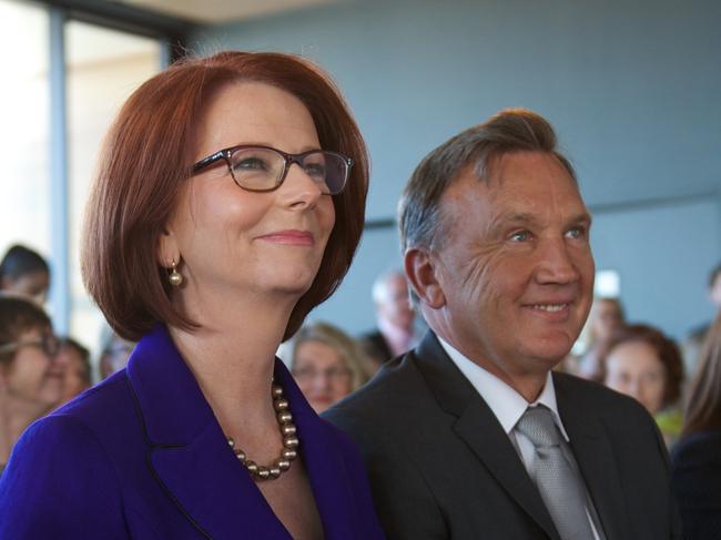 Former Prime Minister Julia Gillard with her partner Tim Mathieson at the launch of her book My Story in Sydney, Friday, Sept. 26, 2014. Attending the book launch were former Prime Minister Bob Hawke, Wayne Swan, Penny Wong, Tanya Plibersek, Rob Oakeshott, Tony Windsor and many more former and current Labor MP's. (AAP Image/Dean Lewins) NO ARCHIVING