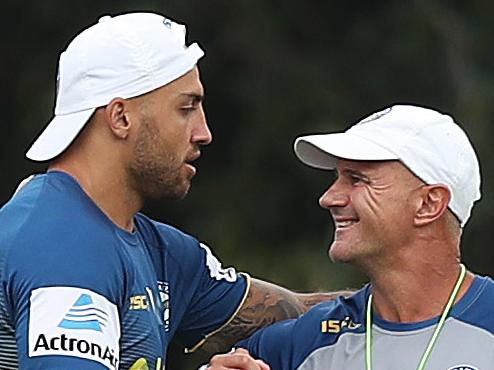 Blake Ferguson gets a hug from coach Brad Arthur during Parramatta Eels NRL training at Old Saleyards Reserve, Parramatta. Picture: Brett Costello