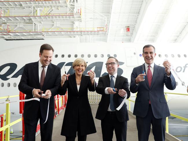 The Aussie contingency ... (from left)  Trade and Tourism Minister Steve Ciobo, Foreign Affairs Minister Julie Bishop, Qantas Group CEO Alan Joyce and LA Mayor Eric Garcetti. Picture: Matt Sayles.