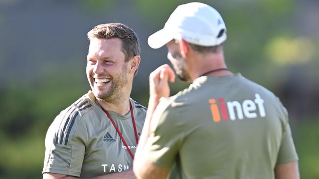 MELBOURNE, AUSTRALIA - MARCH 04: Sam Mitchell the coach of the Hawks has a laugh during a Hawthorn Hawks AFL training session at Waverley Park on March 04, 2022 in Melbourne, Australia. (Photo by Quinn Rooney/Getty Images)