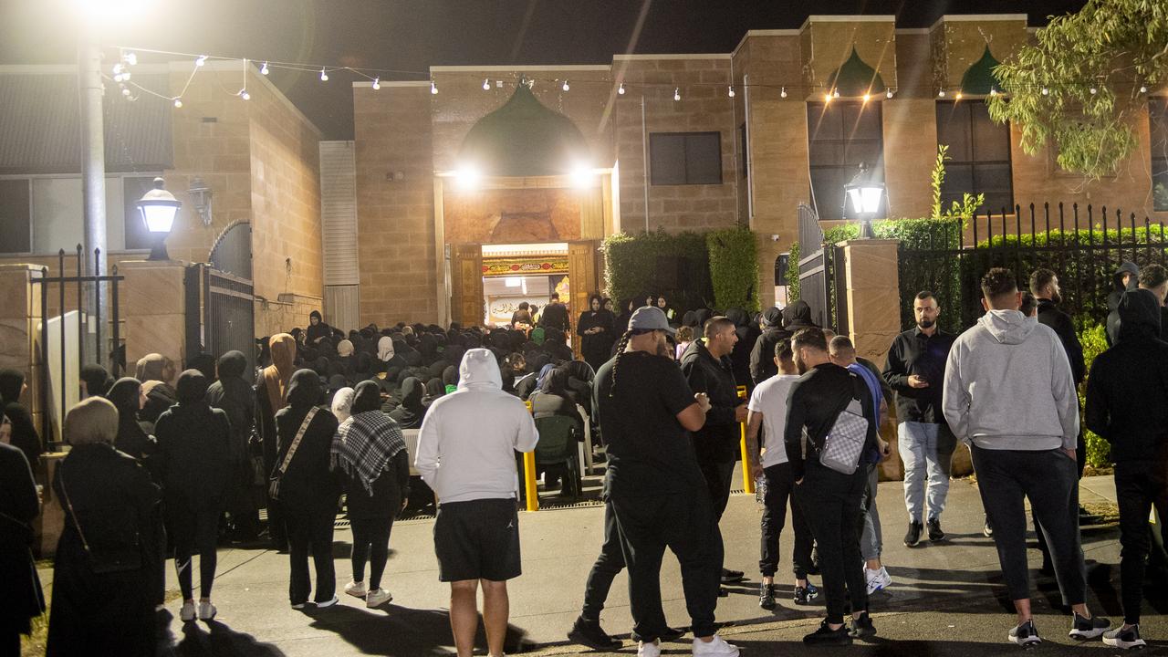 Mourners gather at Al Rahman mosque in Kingsgrove after the death of Hezbollah leader Hassan Nasrallah. Photo Jeremy Piper