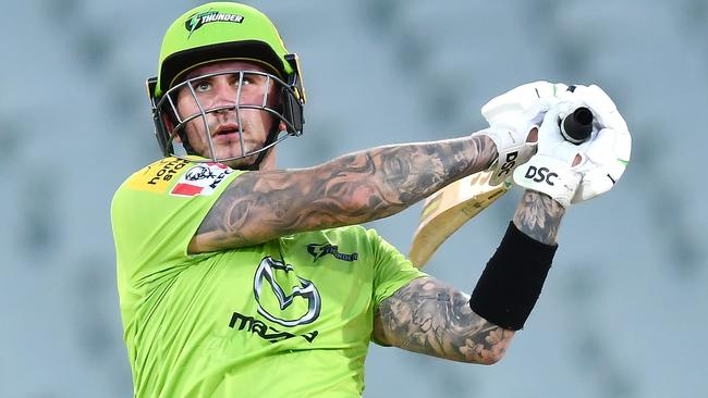 ADELAIDE, AUSTRALIA - JANUARY 22: Alex Hales of the Thunder hits four during the Big Bash League match between the Sydney Sixers and the Sydney Thunder at Adelaide Oval, on January 22, 2021, in Adelaide, Australia. (Photo by Mark Brake/Getty Images)