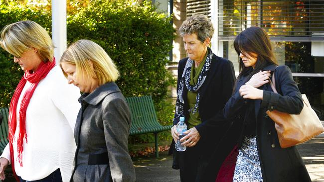 Wendy Malonyay (centre, in scarf), leaves Gosford Court with family and friends of her daughter Kate Malonyay during the inquest into her death.