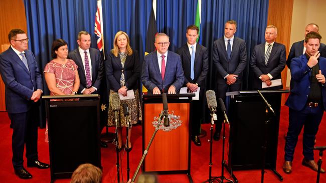 Anthony Albanese after Friday’s national cabinet meeting with state and territory leaders, from left, Daniel Andrews (Victoria), Natasha Fyles (NT), Mark McGowan (WA), Annastacia Palaszczuk (Qld), Chris Minns (NSW), Peter Malinauskas (SA), Jeremy Rockliff (Tasmania) and Andrew Barr (ACT, obscured). Picture: NCA NewsWire / John Gass