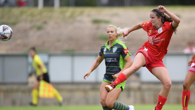 Adelaide’s Emily Condon scores a goal during Sunday’s match against Canberra. Picture: Mark Brake/Getty Images