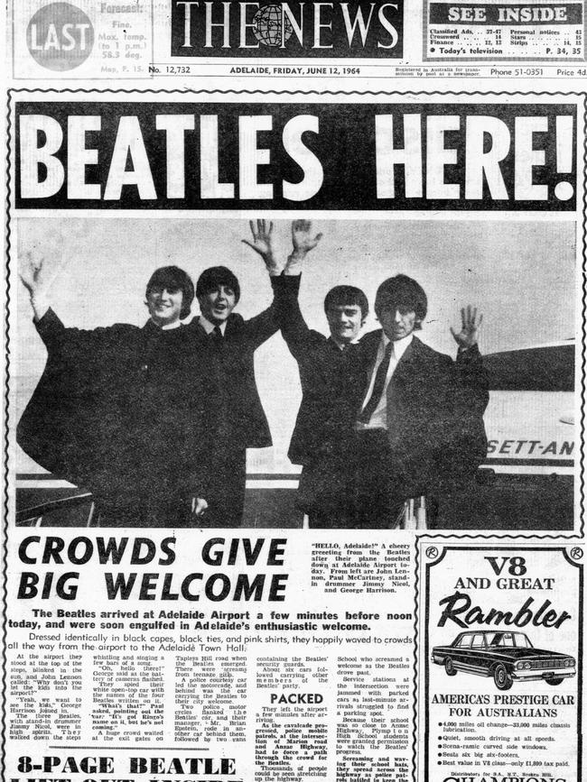 Tearsheet from Adelaide newspaper "The News" dated 12 Jun 1964 with headline "Beatles Here!" about British pop group The Beatles visiting Adelaide on Australian tour.