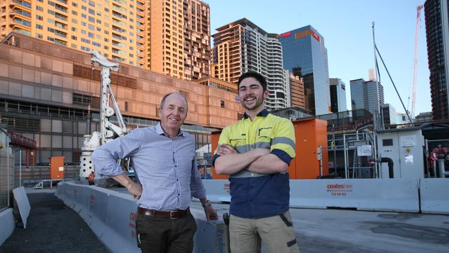 07/08/2019. Craig Scannel, former Senior Site Manager Barangaroo with 2nd year Carpentry apprentice James Parnis on the construction site of 'One Sydney Harbour' at Barangaroo in Sydney. Employers have warned Scott Morrison that urgent, significant changes to the nation's training system are required to deliver an unprecedented infrastructure pipeline driving demand for skilled workers. Britta Campion / The Australian