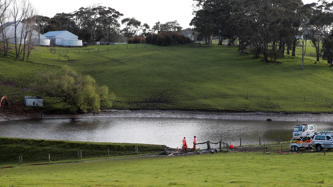 Authorities averted disaster after pumping water out of the full dam located on a farm near Echunga in the Adelaide Hills. Picture: Kelly Barnes