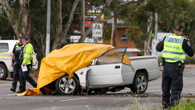 The ute crashed into a tree along Main North Road at Salisbury Plain. Picture: Matt Turner