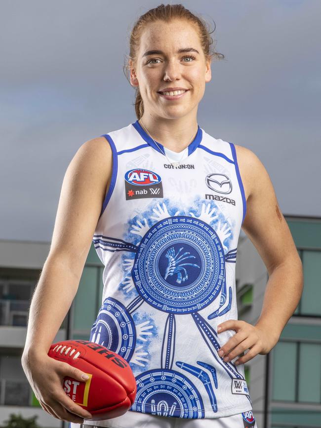 AFLW North player Mia King with the Kangaroos indigenous jumper. It's the first time there's been a round to celebrate indigenous culture in the AFLW. Please put a hold on the photo as it will run in Friday paper with a story. Picture: Tim Carrafa