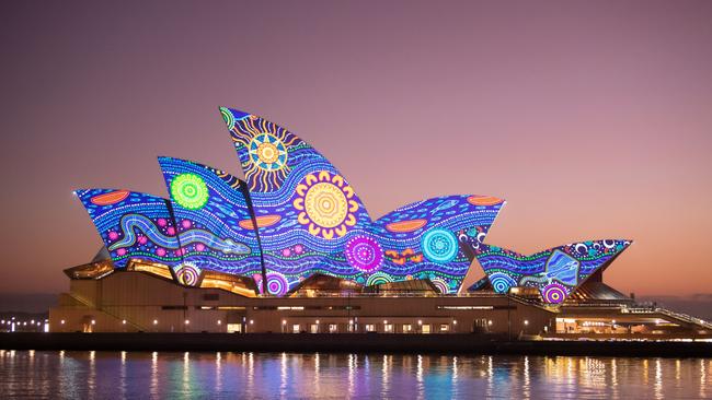 The Sydney Opera House’s sails illuminated for Vivid. Picture: Getty Images