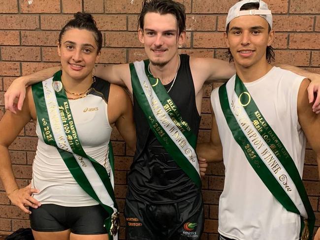 Destiny Peris, Luke Griffin and Jack Peris show their winning smiles after sprint wins in the Killara Darwin Gift. Picture: Tim Mason