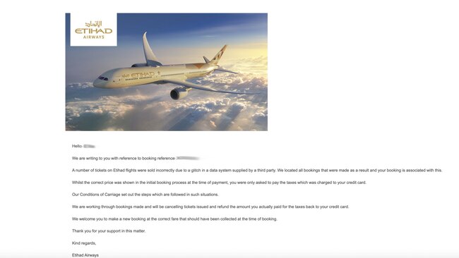 The email to Etihad customers. Picture: Supplied.