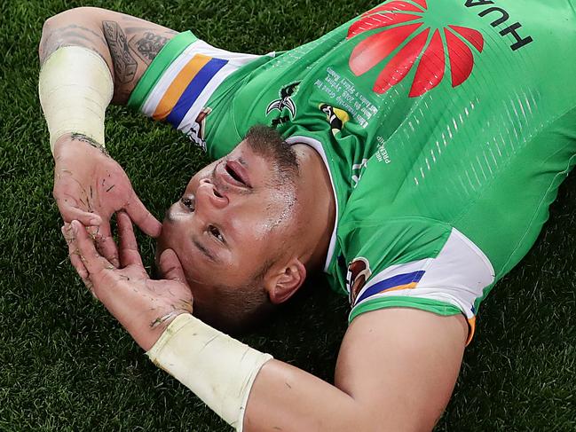 SYDNEY, AUSTRALIA - OCTOBER 06:  Joseph Leilua of the Raiders lays on the field dejected after the 2019 NRL Grand Final match between the Canberra Raiders and the Sydney Roosters at ANZ Stadium on October 06, 2019 in Sydney, Australia. (Photo by Mark Metcalfe/Getty Images)