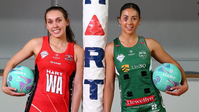 Preview pic for Sapphire Series Netball grand final clash on Sunday at Nissan Arena - Leesa Mi Mi (Cougars, red dress) and Chloe Litherland (Jets). Nathan Tuesday 25th July 2023 Picture David Clark