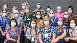 Lismore Base Hospital emergency unit staff in Fun Friday Scrub Club tops donated by Infectious Clothing as a mental health initiative for healthcare workers. Back Row (L-R): Kathy Macnamara , Emma-Jane Davies (NUM 3 ED), Alison Gibson, Kath Shaw, Alice Lehmkuhl, Andy Chandler, Leesa Simmons, Hannah Short, Tanya Yager, Donna Kylstra, Lydia BolziccoFront Row (L-R): Stephanie Emery, Sally Thompson, Nicole Eather, Jenny Thompson, Lee Haslau, Carli Malcolm, Olivia Ledingham.