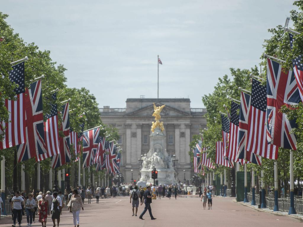 National flags of Britain and America line The Mall thoroughfare in anticipation of President Trump’s visit. Picture: David Mirzoeff/PA via AP