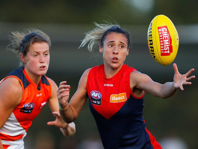 MELBOURNE, AUSTRALIA - FEBRUARY 03:  Aliesha Newman of the Demons competes for the ball during the round one AFLW match between the Melbourne Demons and the Greater Western Sydney Giants at Casey Fields on February 3, 2018 in Melbourne, Australia.  (Photo by Scott Barbour/Getty Images)