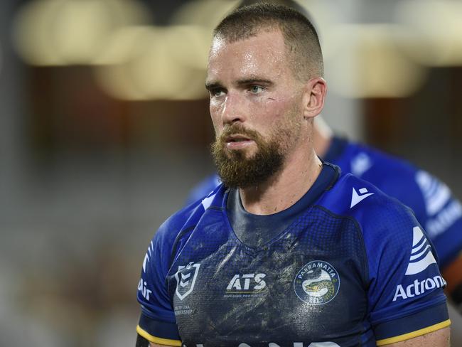 A dejected Clinton Gutherson on Friday night against the Dolphins after his team shipped eight tries within 25 minutes. Picture: NRL Photos