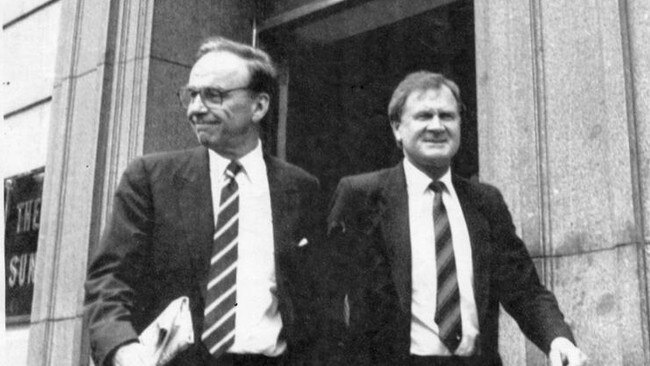 Rupert Murdoch and Ken Cowley leaving The Herald and Weekly Times building in Melbourne in December 1986