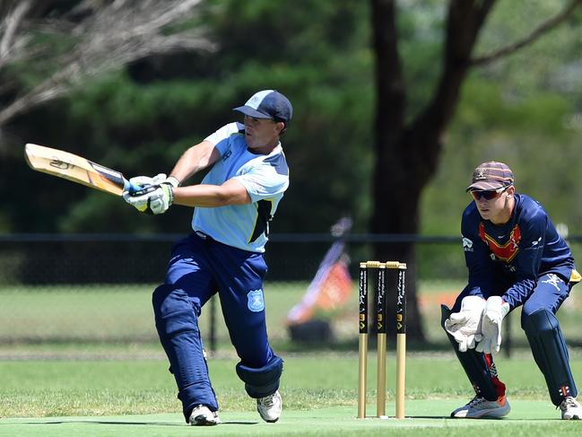 Baxter batsman Justin Bridgeman smashes a six against Peninsula Old Boys last summer.